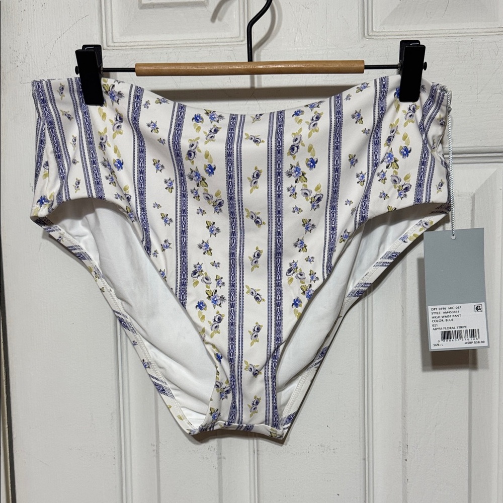 ANTONIO MELANI Abyss Floral Stripe High-Waist Bikini Bottom White Blue Large